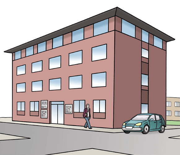 Eine Cartoonzeichnung von dem Gebäude der VMV.
