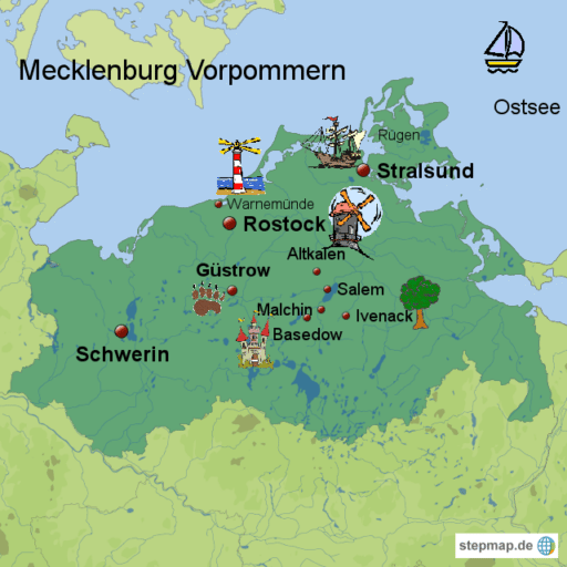 Eine Cartoonzeichnung von der Landkarte Mecklenburg-Vorpommern.